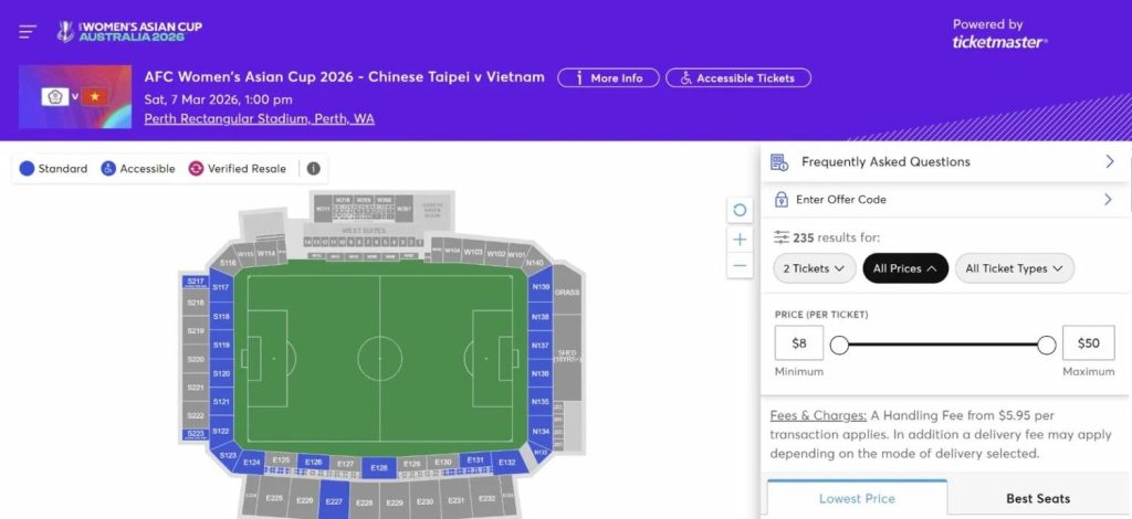 Chinese Taipei vs Vietnam Women's Asian Cup 2026 Ticket Prices