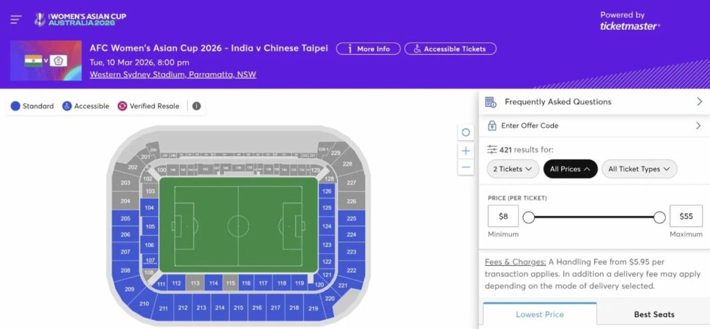India vs Chinese Taipei AFC Women's Asian Cup 2026: Ticket Prices