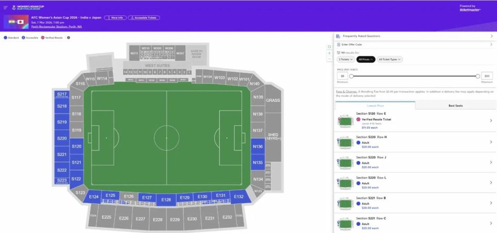 India vs Japan AFC Women's Asian Cup 2026 Ticket Prices