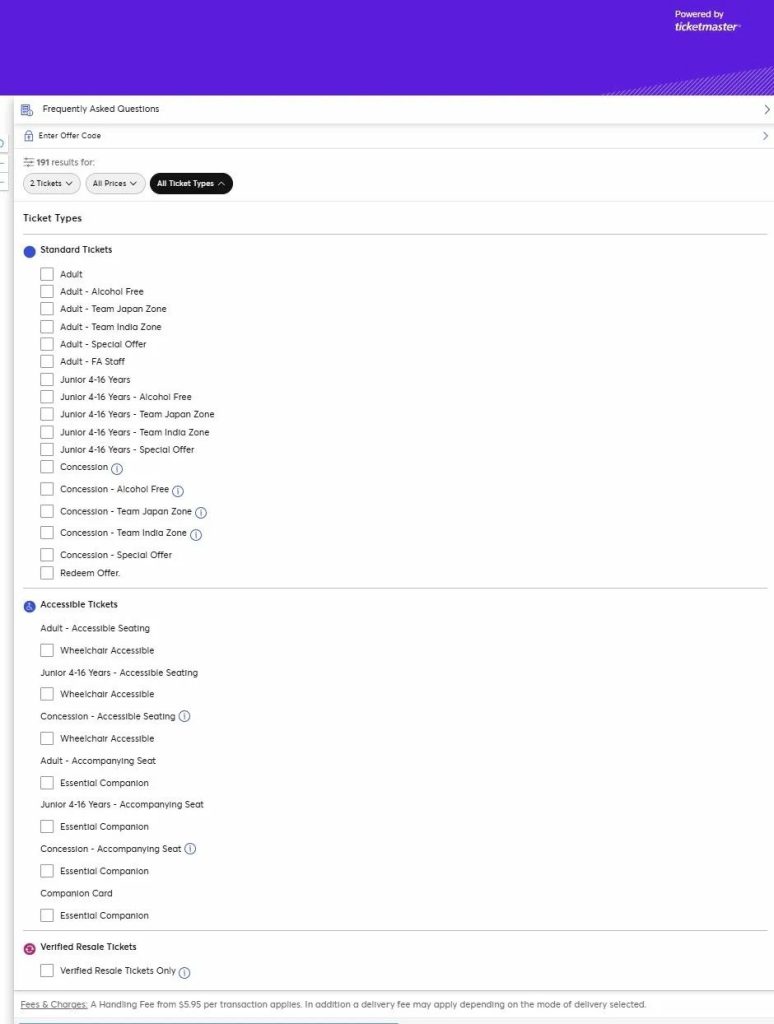 Ticket Types Available For India vs Japan