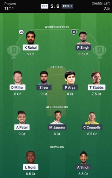 Dream11 Team for DC vs PBKS