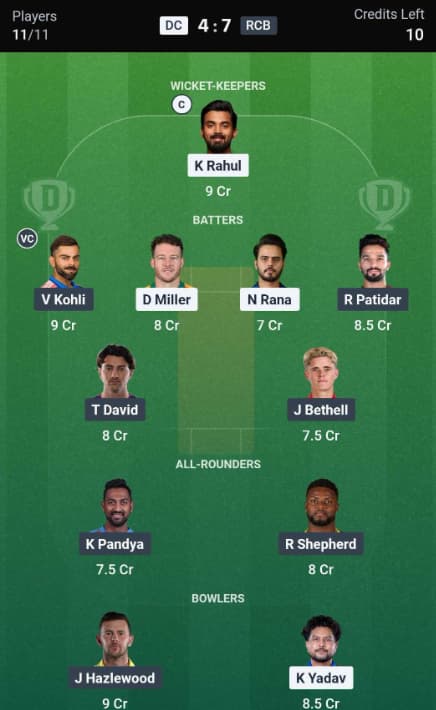 Dream11 Team for DC vs RCB