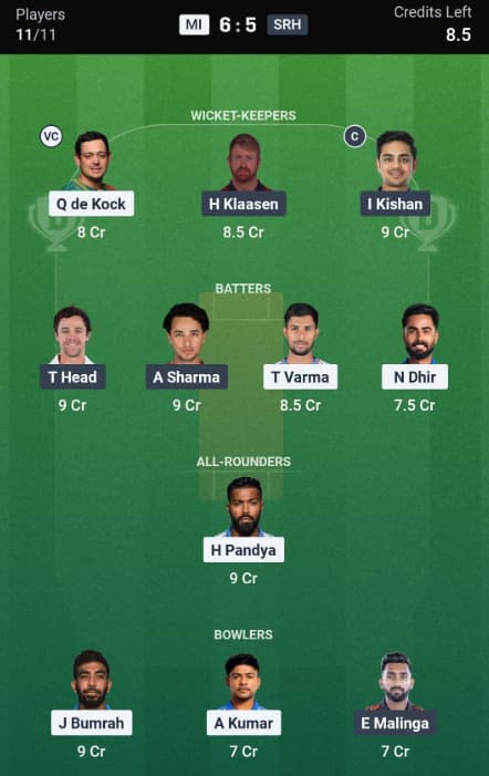 Dream11 Team for MI vs SRH