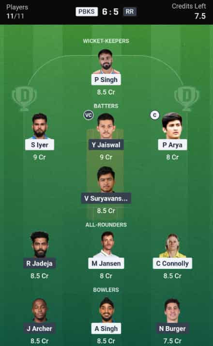 Dream11 Team for PBKS vs RR