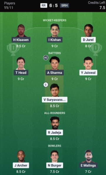 Dream11 Team for RR vs SRH