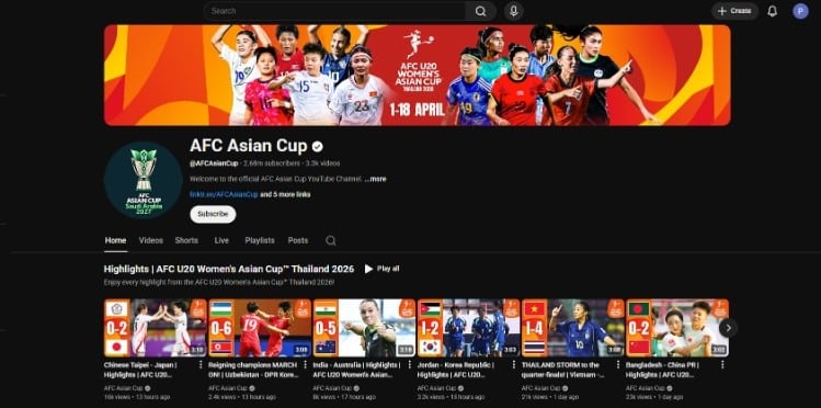 AFC Asian Cup YouTube Channel Page 