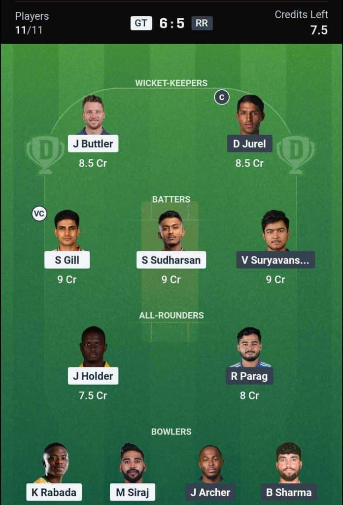 Dream11 Team for GT vs RR