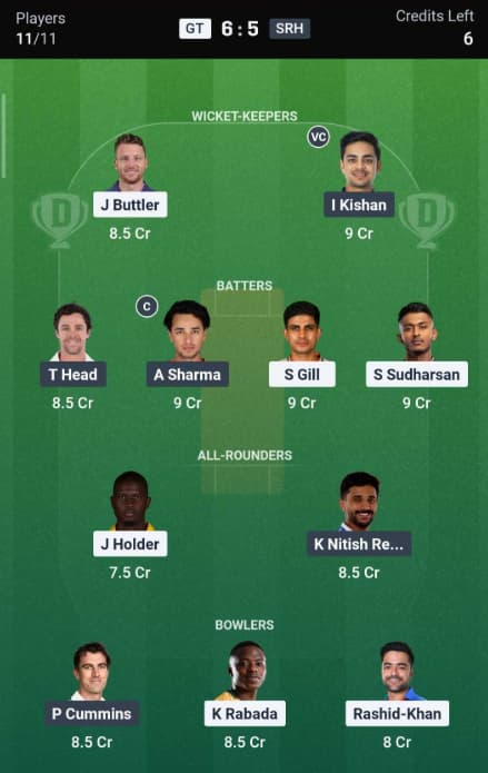 Dream11 Team For GT vs SRH