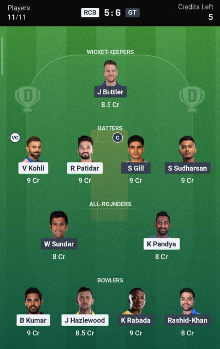 Dream11 Team For RCB vs GT