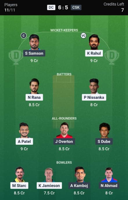 Dream11 Team for DC vs CSK