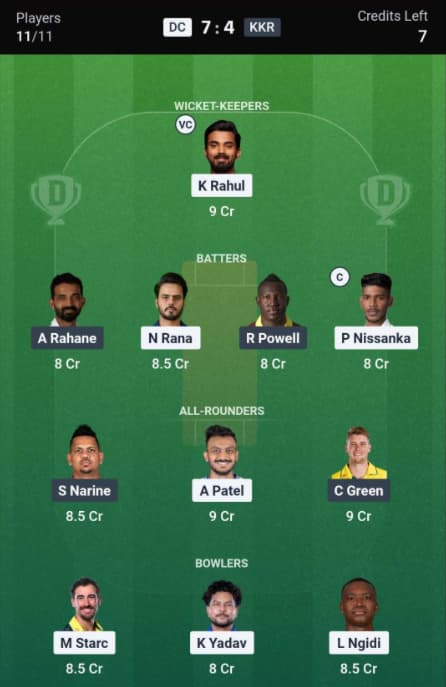 Dream11 Team for DC vs KKR