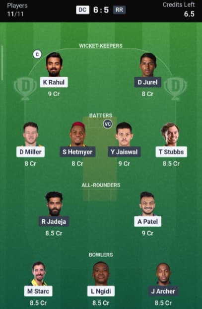 Dream11 Team for DC vs RR
