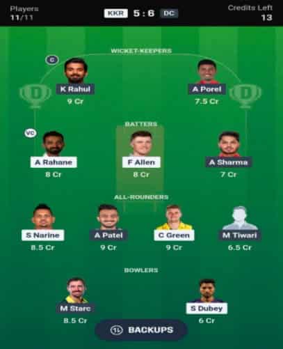 Dream11 Team for KKR vs DC