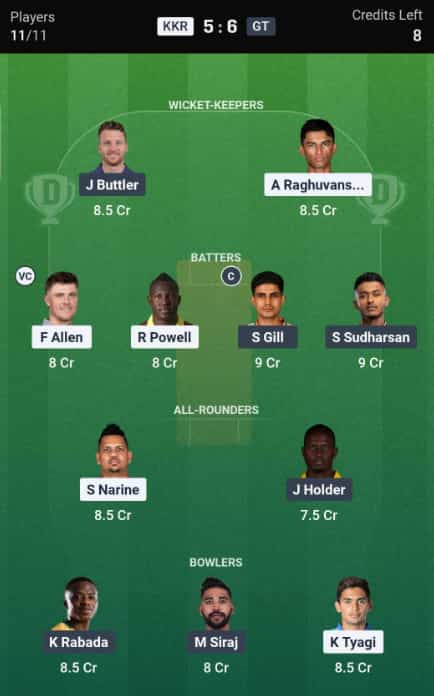 Dream11 Team for KKR vs GT