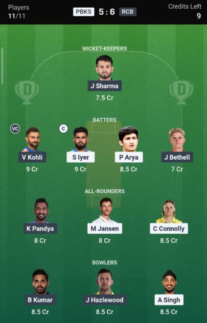 Dream11 Team for PBKS vs RCB