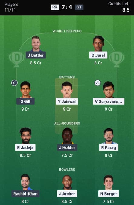 Dream11 Team for RR vs GT