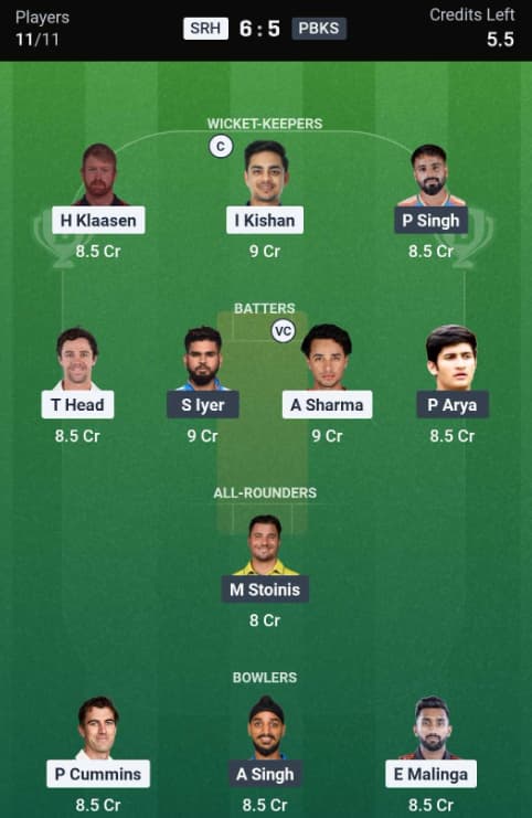 Dream11 Team for SRH vs PBKS