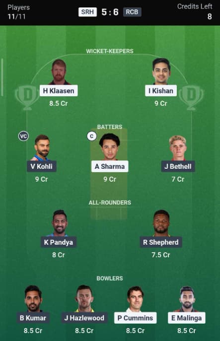 Dream11 Team for SRH vs RCB