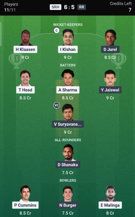 Dream11 Team for SRH vs RR