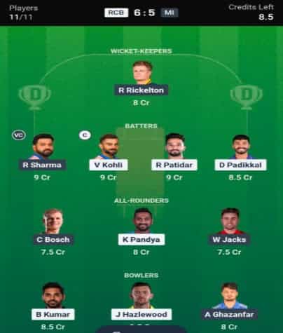 Dream11 team for RCB vs MI