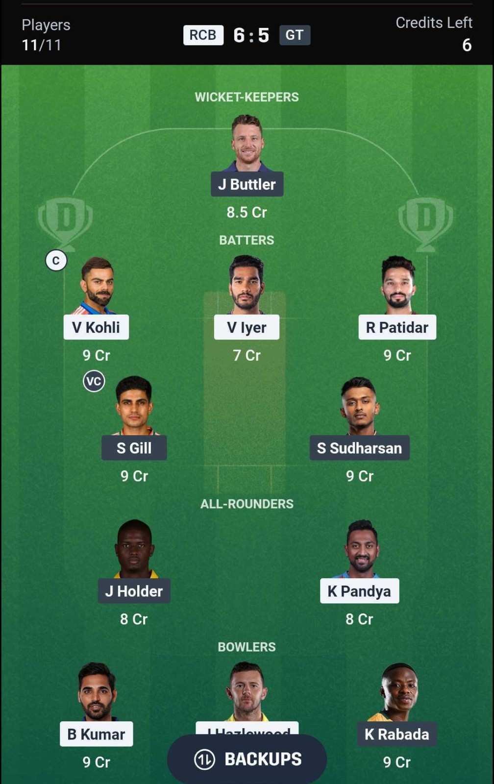 Dream11 Team for RCB vs GT Final