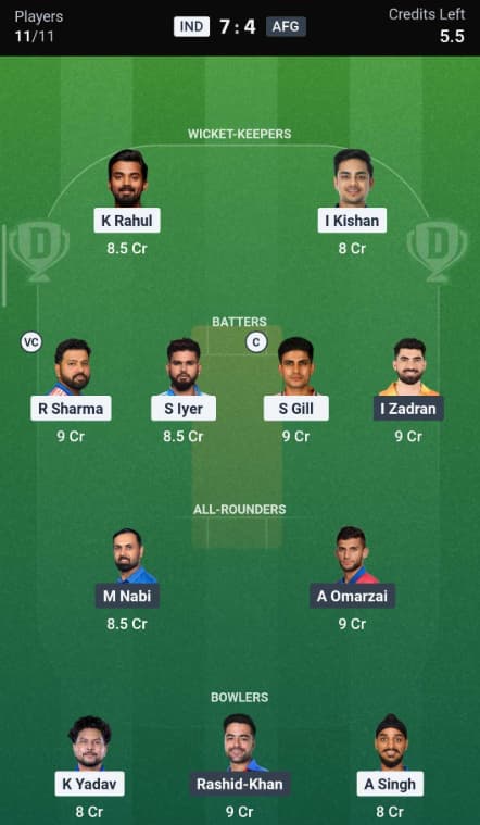 Dream11 Team for IND vs AFG 1st ODI